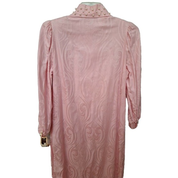 Vintage 80s Pearl Collar House Coat Pink Damask Women Size Small - Picture 4 of 12